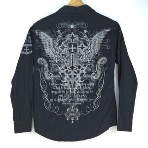 Y2K HELIX Button Shirt Mens Large Black Goth Grunge Cross Wings Biker Rockabilly